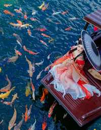 波光粼粼西湖情，锦鲤佳人泛心上。